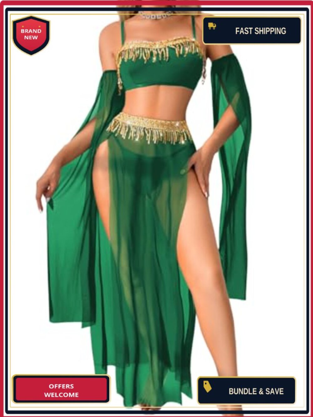 Sequin Fringe 4 Piece Lingerie Set High Slit Maxi Skirt Belly Dance